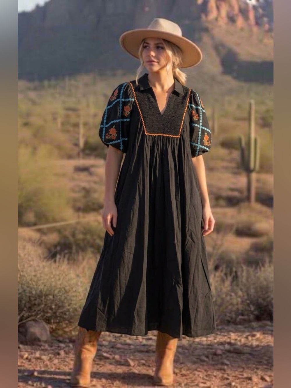 New 1XL Boho Western Black Embroidered Puff-Sleeve Midi Dress